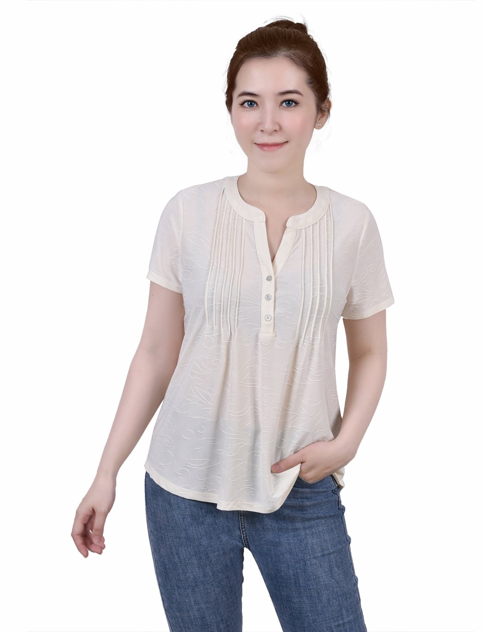 Pristine Short Sleeve Y Neck Jacquard Knit Top - Petite - DressbarnBlouses