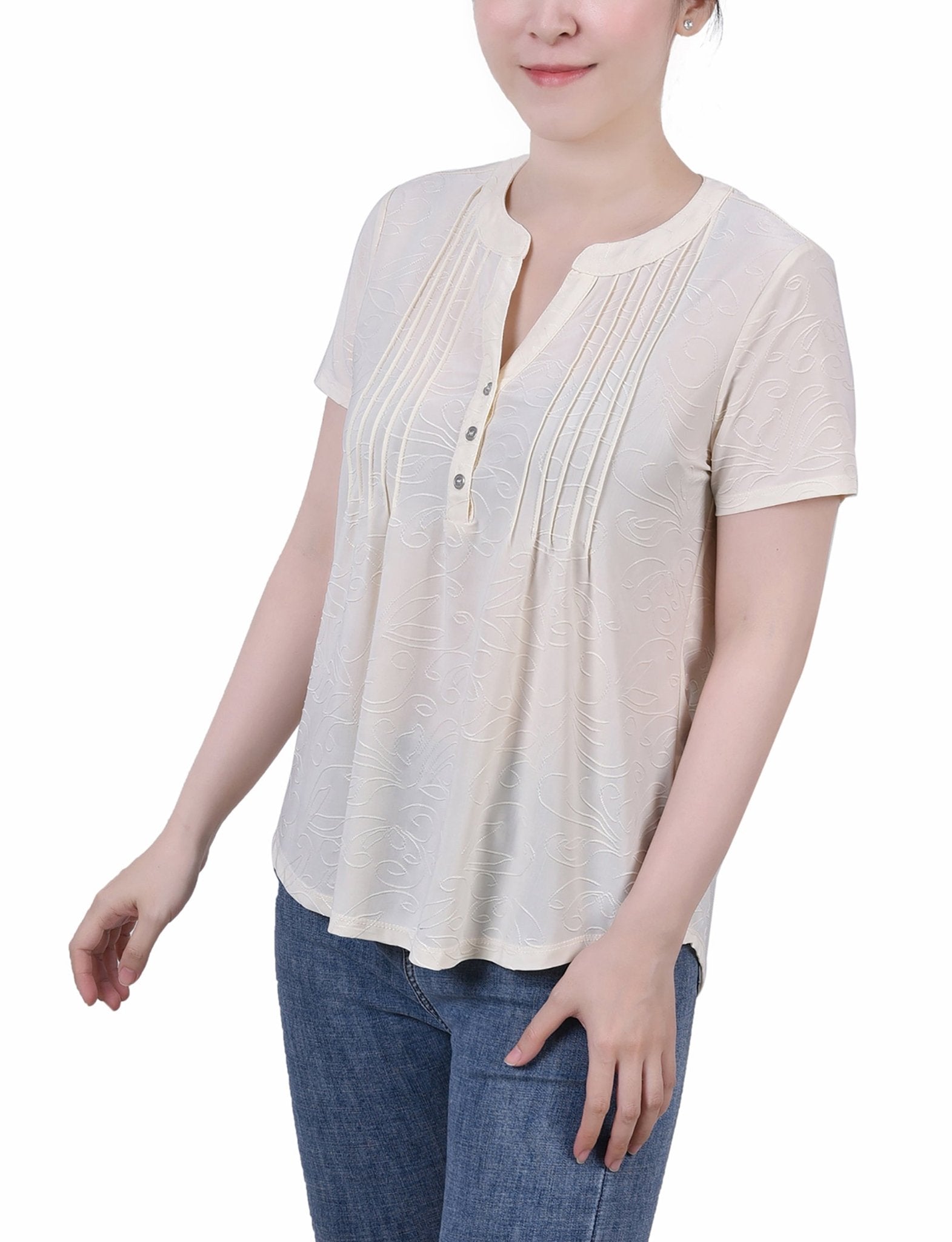 Pristine Short Sleeve Y Neck Jacquard Knit Top - Petite - DressbarnBlouses