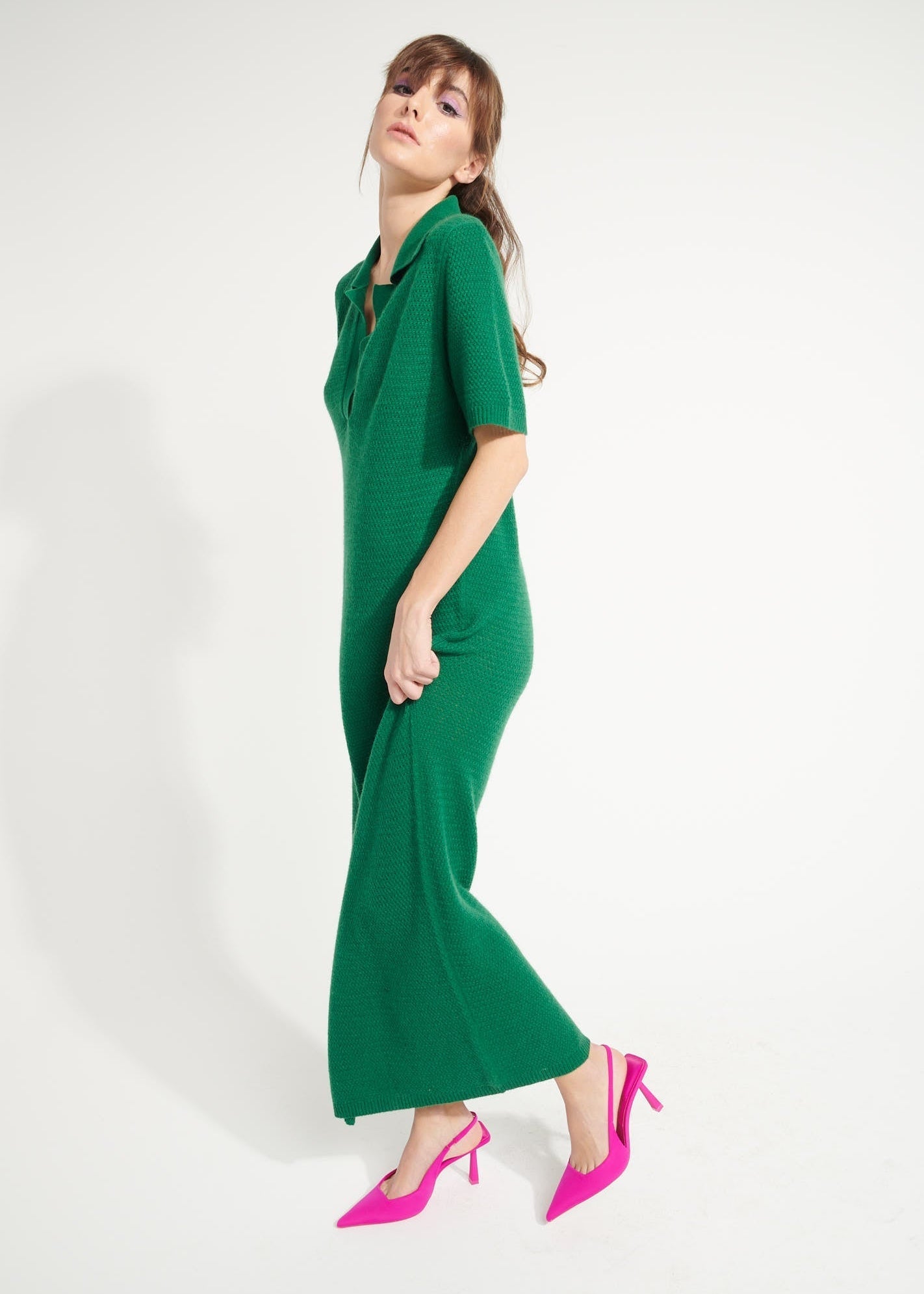 Pure Cashmere Polo Neck Long Dress w/ Pointelle Knit (Ava 18) - DressbarnDresses