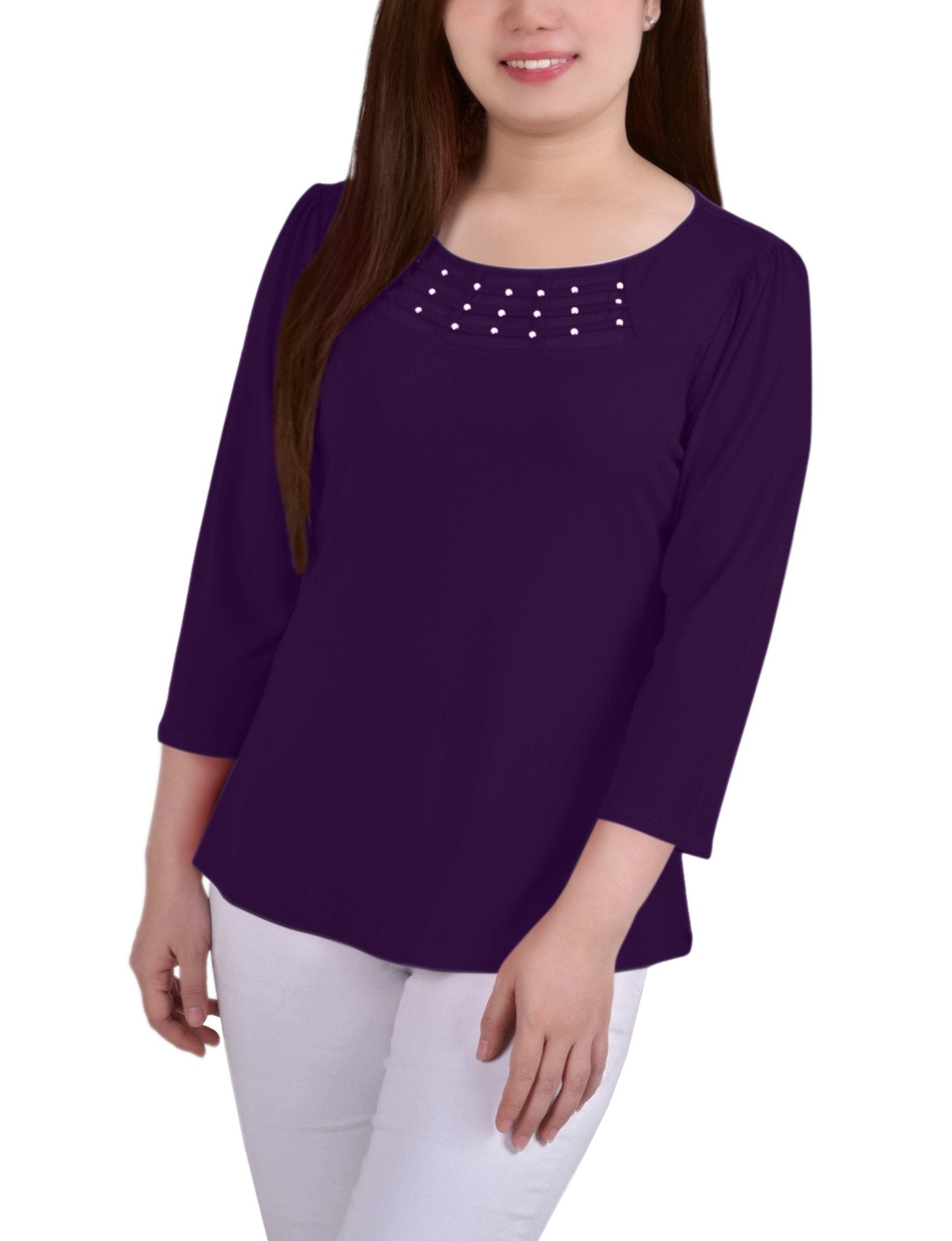 Purple 3/4 Crepe Top With Mesh Inset and Studs - Petite - DressbarnBlouses