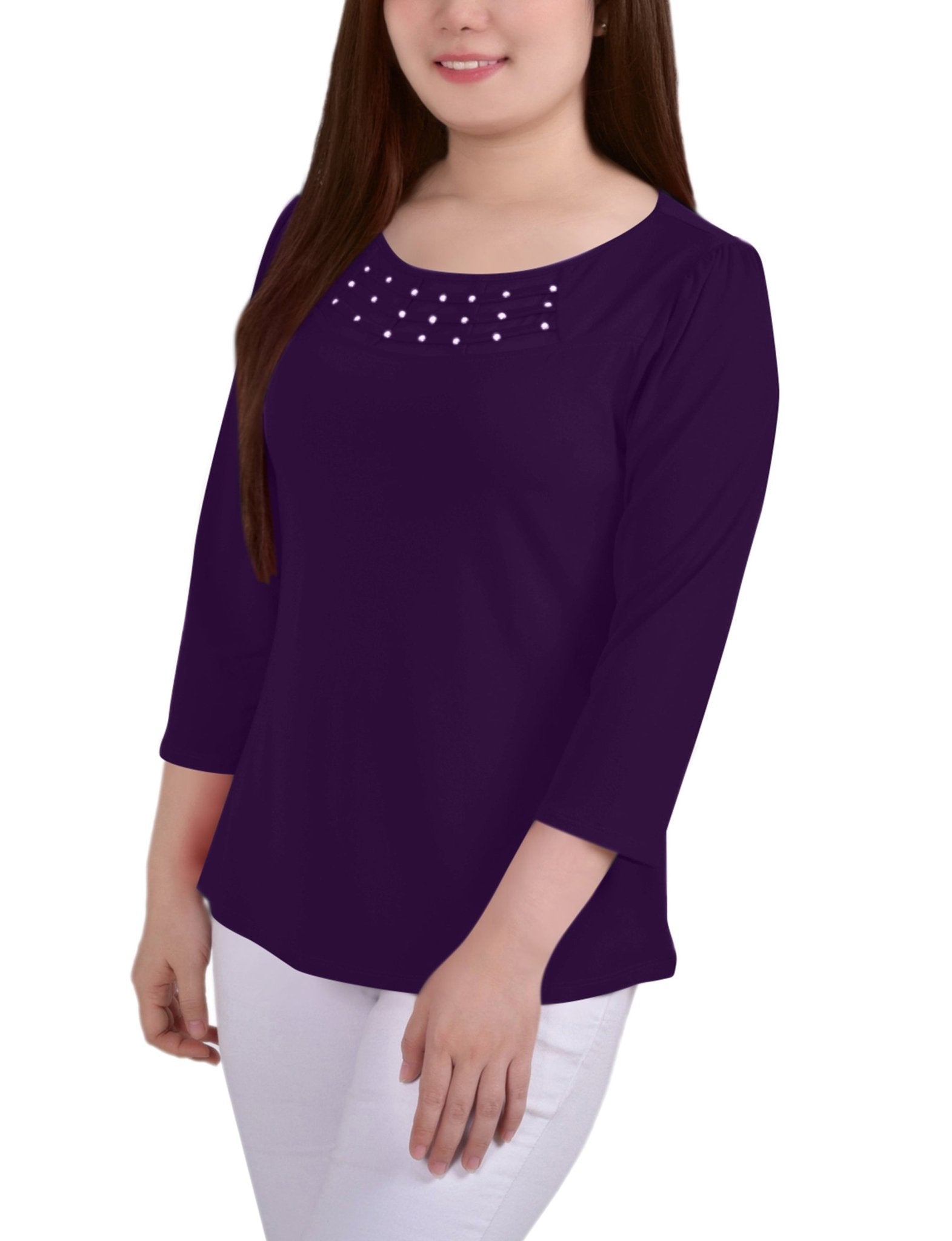 Purple 3/4 Crepe Top With Mesh Inset and Studs - Petite - DressbarnBlouses
