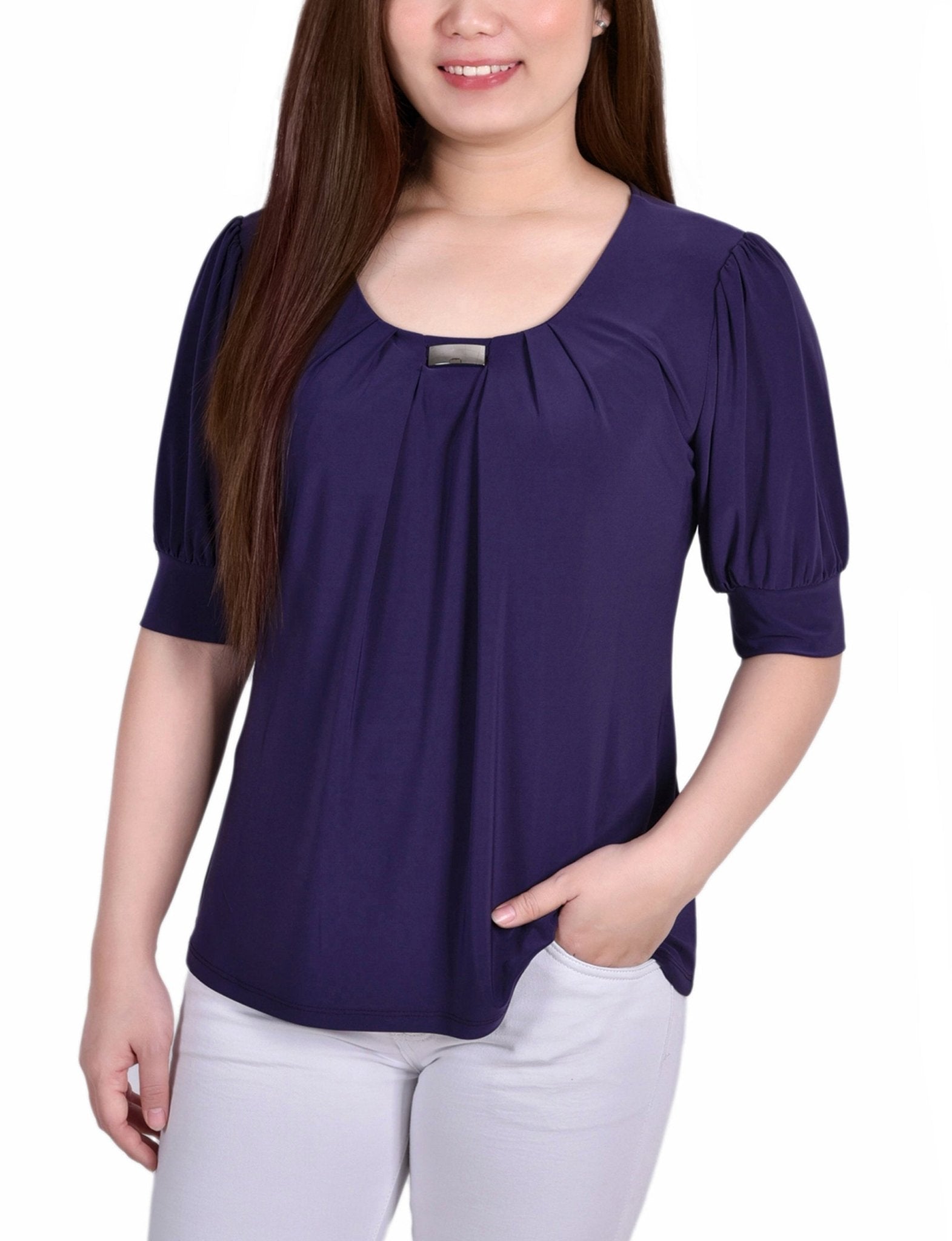 Purple Short Sleeve Balloon Sleeve Top With Hardware - DressbarnBlouses