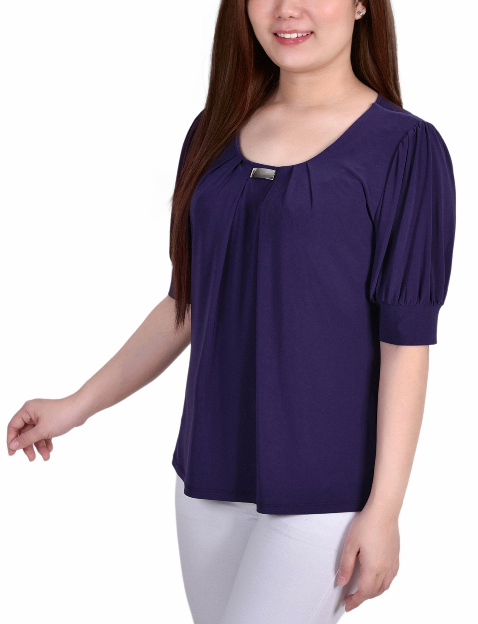Purple Short Sleeve Balloon Sleeve Top With Hardware - DressbarnBlouses