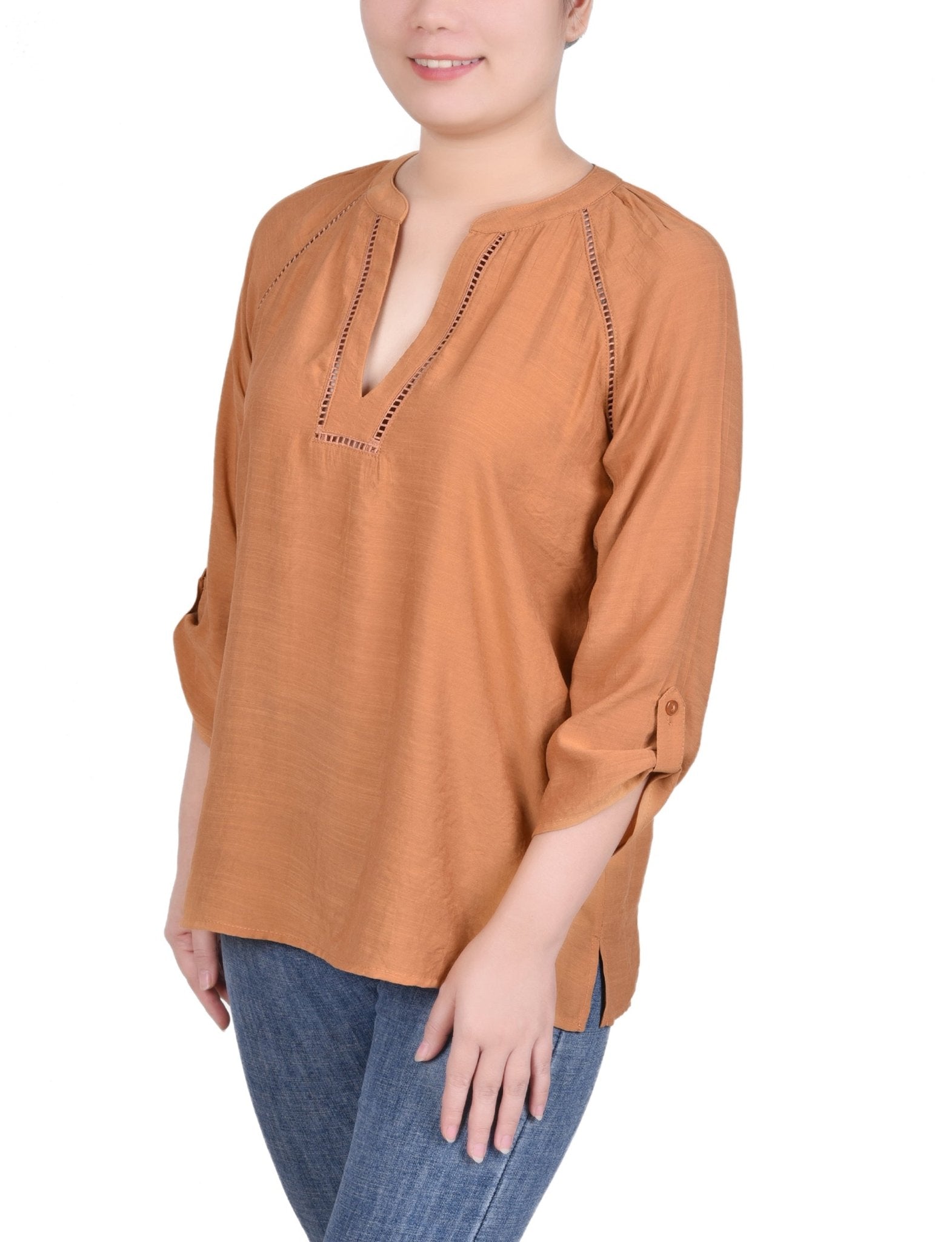 Raglan Sleeve Split Neck Blouse - Petite - DressbarnShirts & Blouses