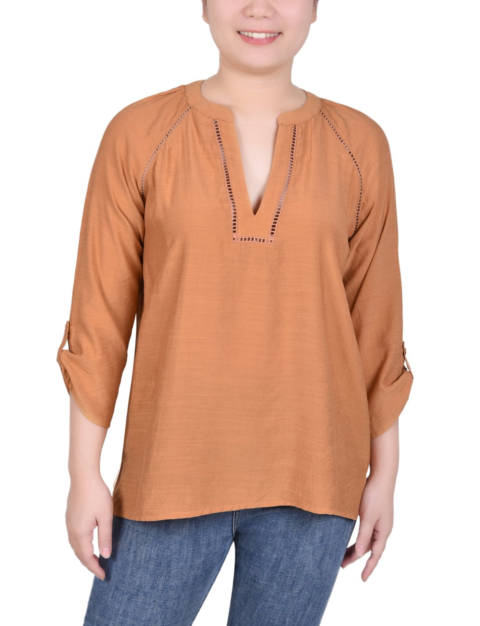 Raglan Sleeve Split Neck Blouse - Petite - DressbarnShirts & Blouses