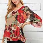 Red Floral 3/4 Sleeve Double Layer Split Back Blouse - DressbarnShirts & Blouses