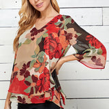 Red Floral 3/4 Sleeve Double Layer Split Back Blouse - DressbarnShirts & Blouses