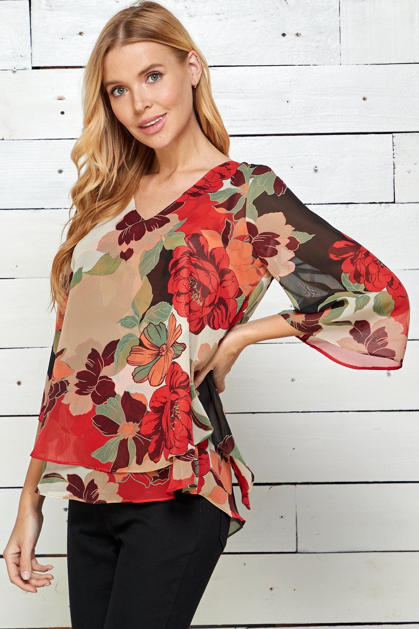 Red Floral 3/4 Sleeve Double Layer Split Back Blouse - DressbarnShirts & Blouses