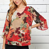 Red Floral 3/4 Sleeve Double Layer Split Back Blouse - DressbarnShirts & Blouses