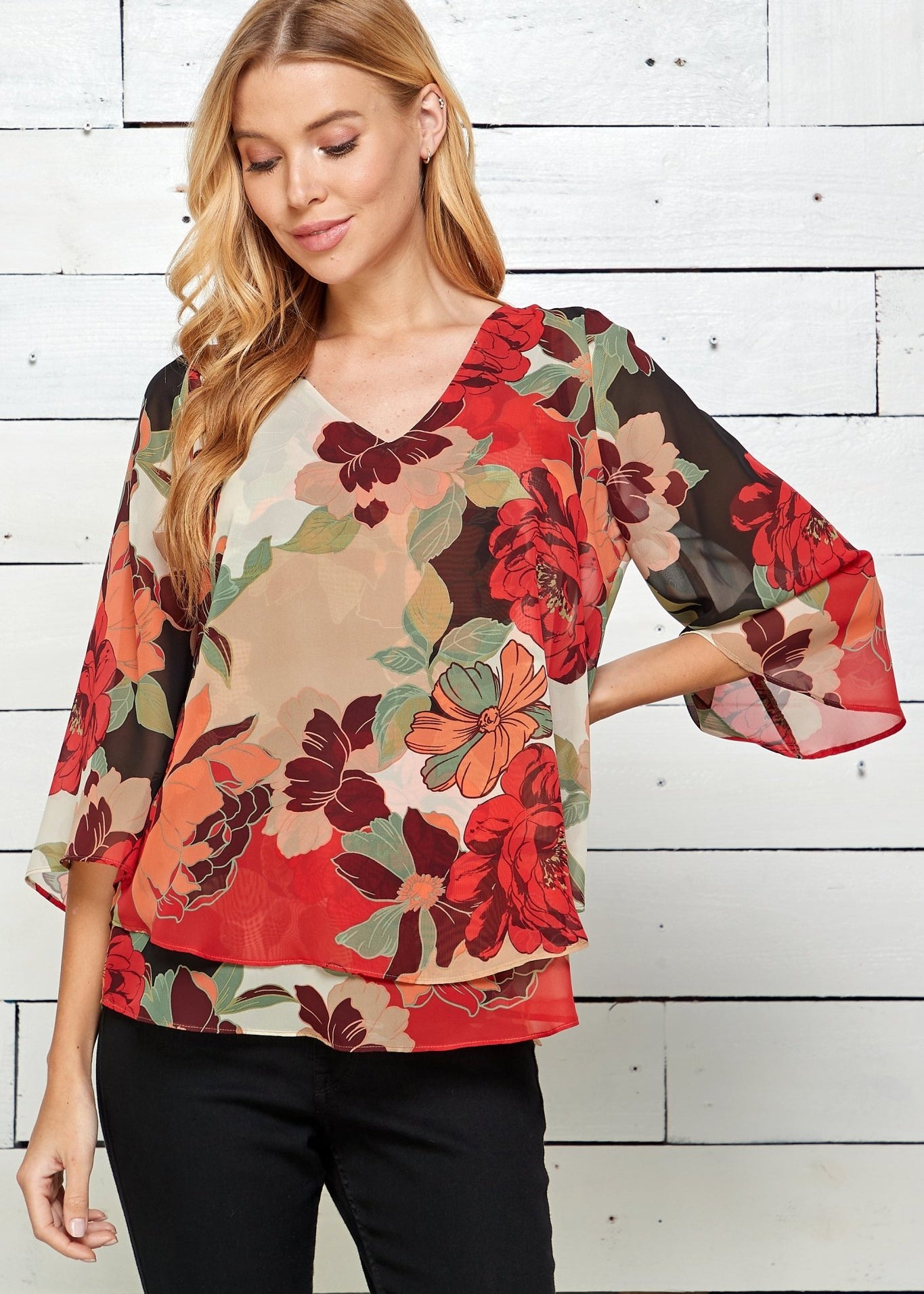 Red Floral 3/4 Sleeve Double Layer Split Back Blouse - DressbarnShirts & Blouses