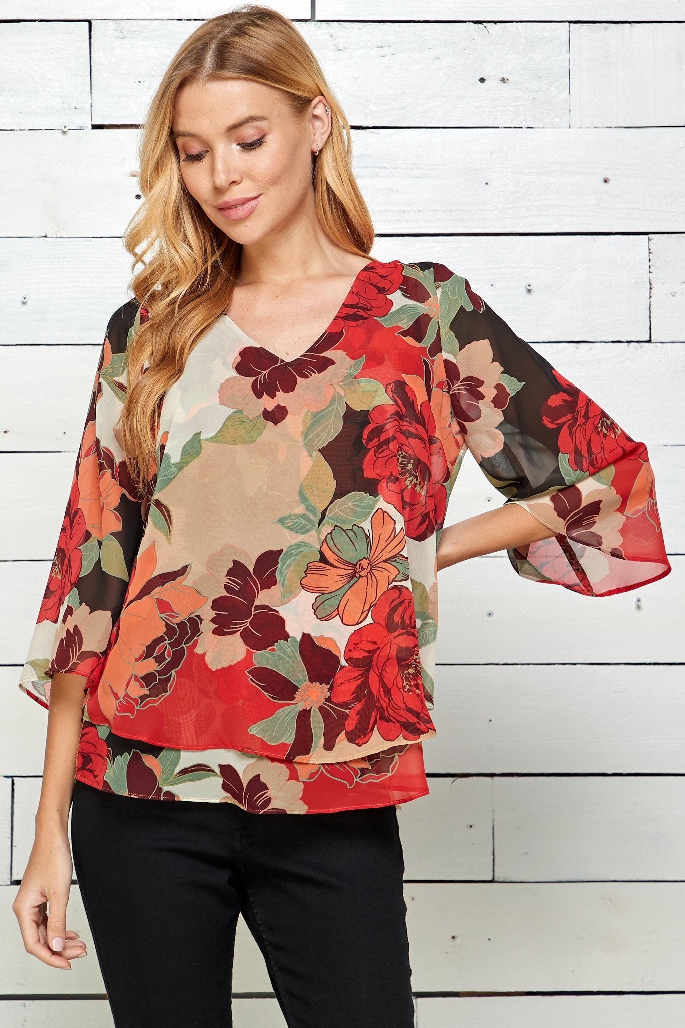 Red Floral 3/4 Sleeve Double Layer Split Back Blouse - DressbarnShirts & Blouses