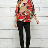 Red Floral 3/4 Sleeve Double Layer Split Back Blouse - DressbarnShirts & Blouses