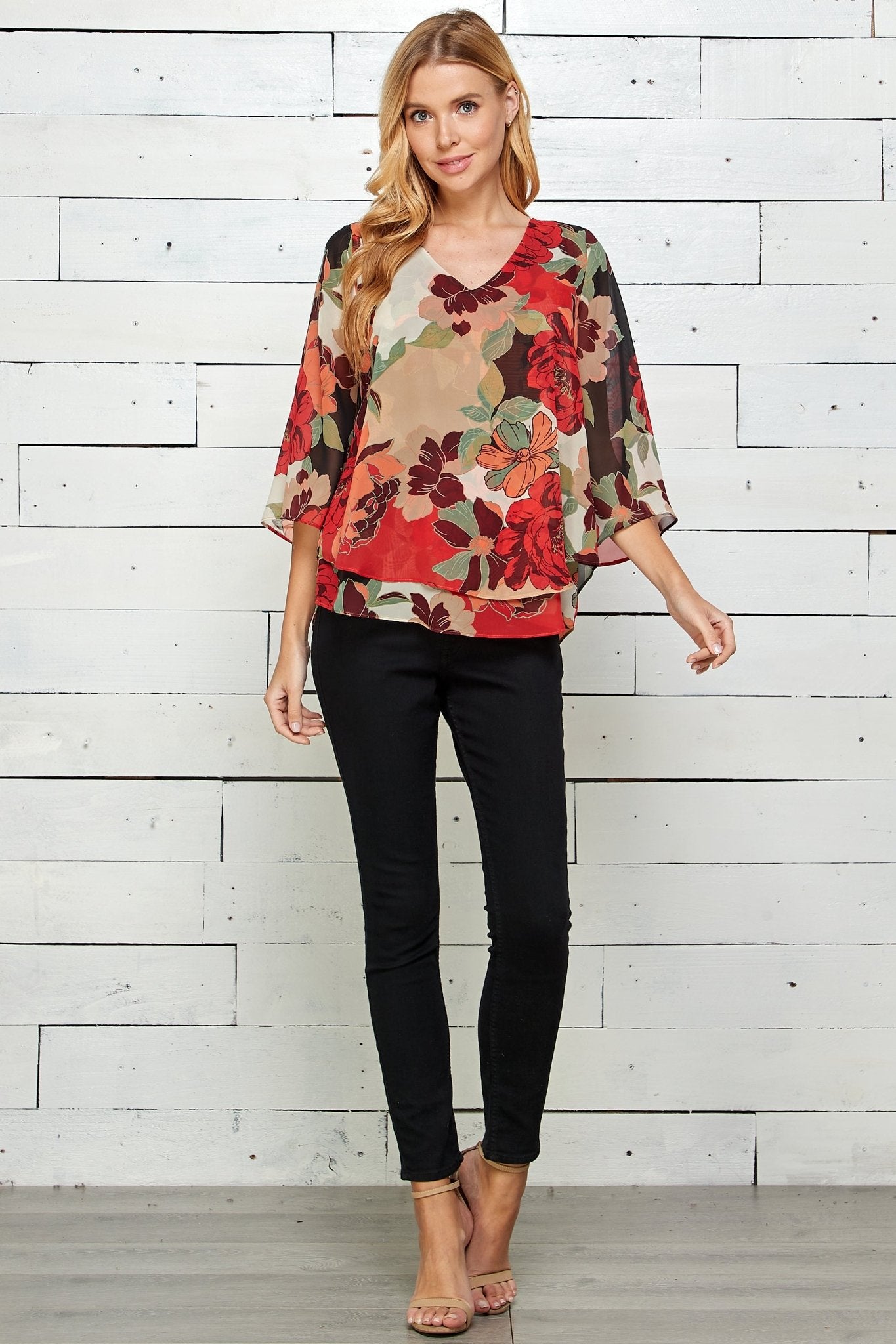 Red Floral 3/4 Sleeve Double Layer Split Back Blouse - DressbarnShirts & Blouses