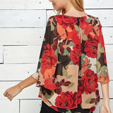 Red Floral 3/4 Sleeve Double Layer Split Back Blouse - DressbarnShirts & Blouses