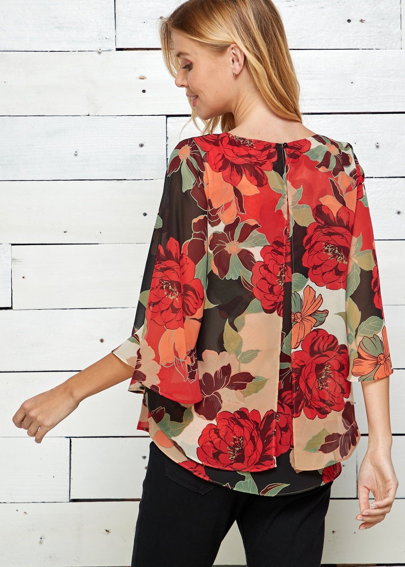 Red Floral 3/4 Sleeve Double Layer Split Back Blouse - DressbarnShirts & Blouses