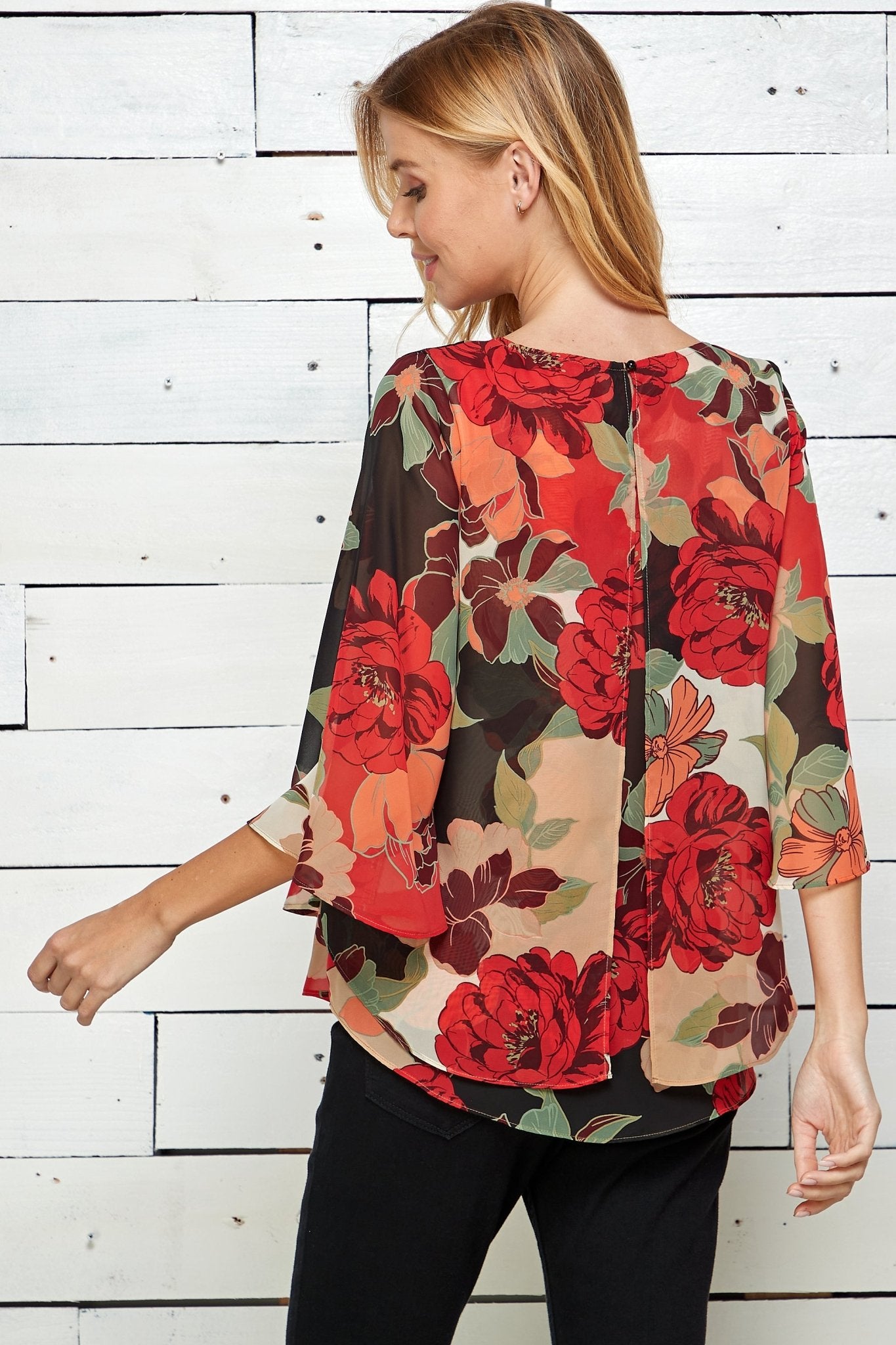 Red Floral 3/4 Sleeve Double Layer Split Back Blouse - DressbarnShirts & Blouses