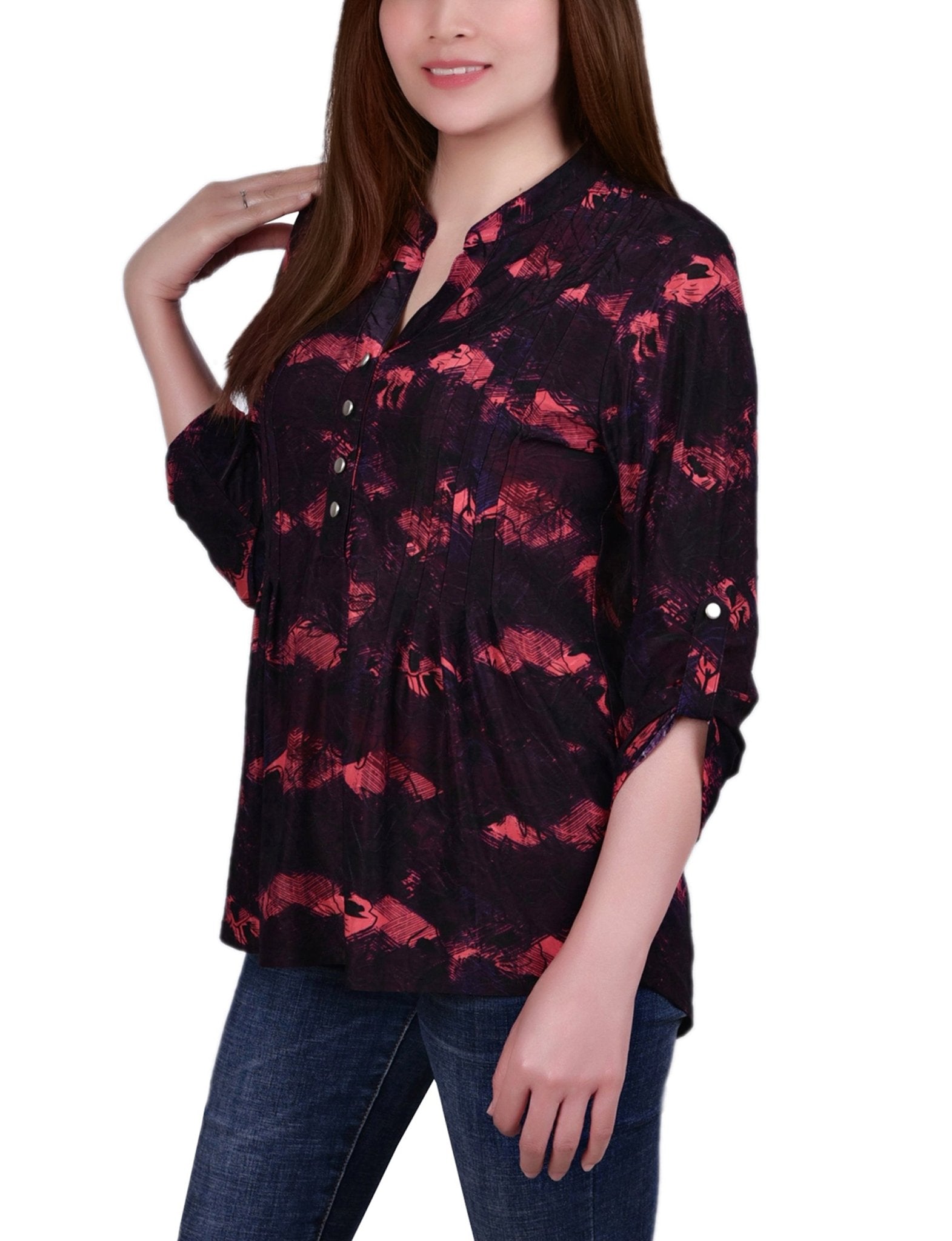 Red Milaflor 3/4 Sleeve Roll Tab Y Neck Top - DressbarnBlouses