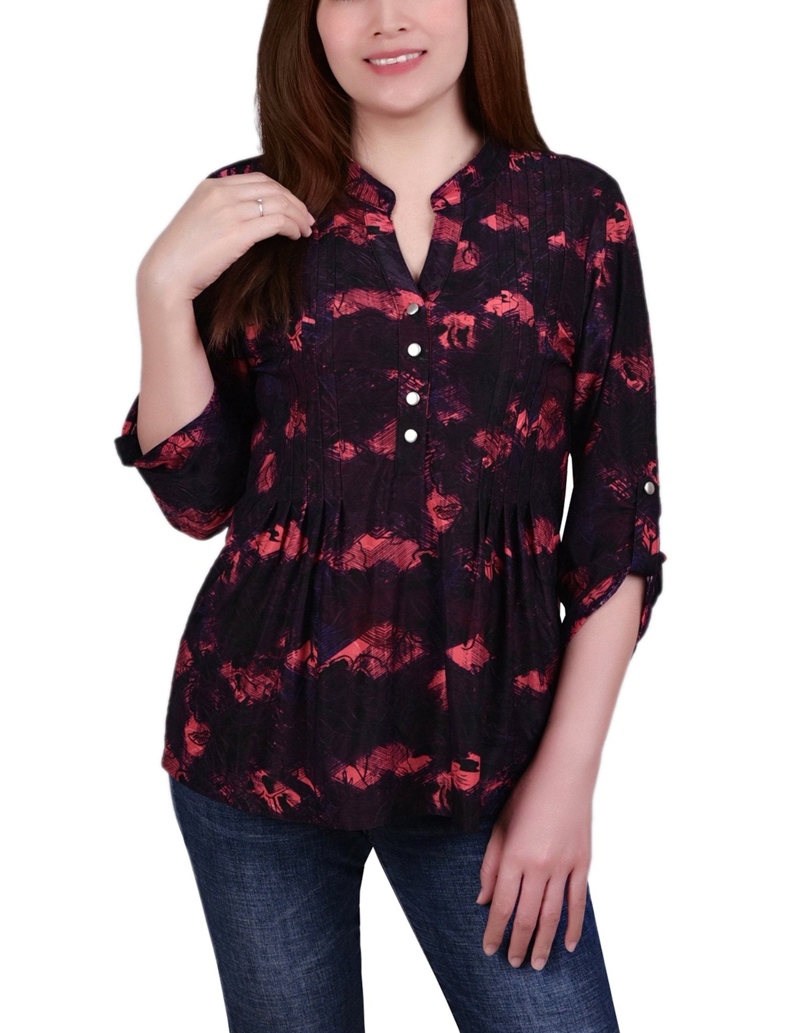 Red Milaflor 3/4 Sleeve Roll Tab Y Neck Top - DressbarnBlouses