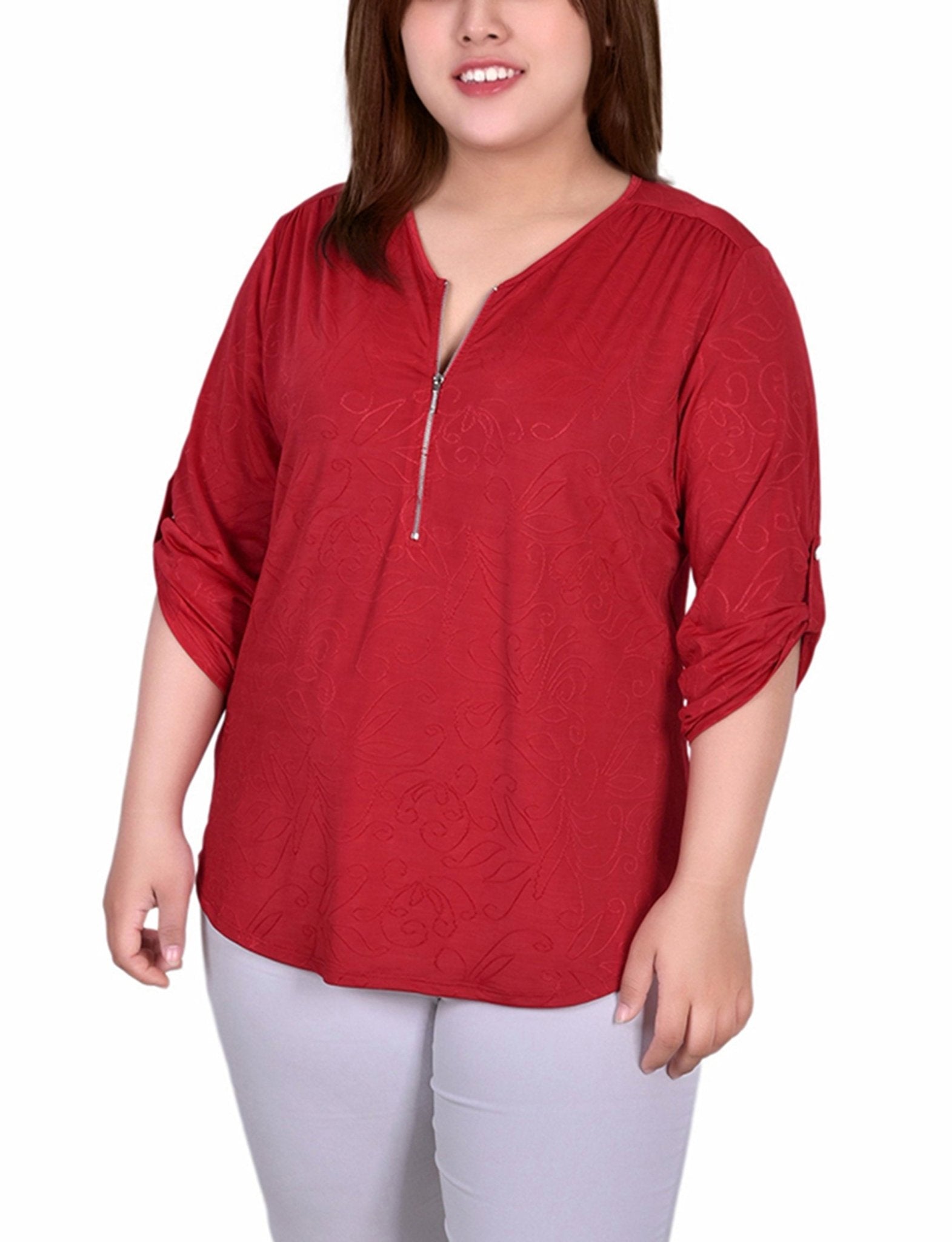 Red Sakadotduo 3/4 Roll Tab Zip Front Jacquard Knit Top - Plus - DressbarnBlouses