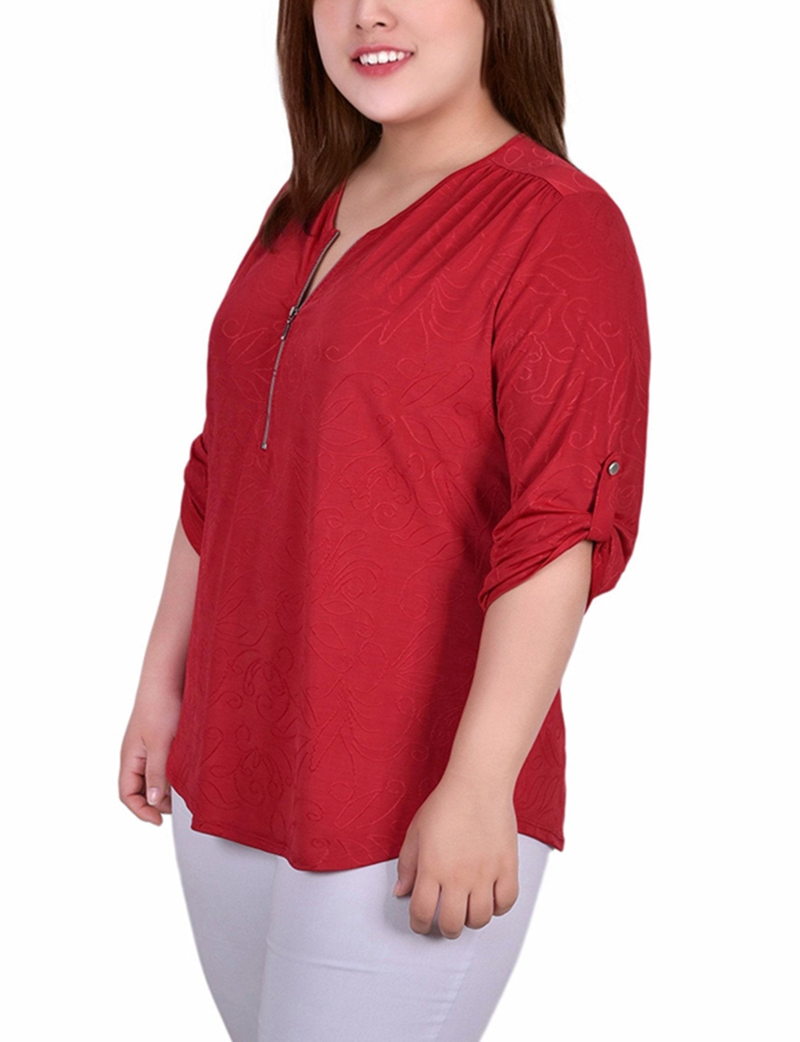 Red Sakadotduo 3/4 Roll Tab Zip Front Jacquard Knit Top - Plus - DressbarnBlouses