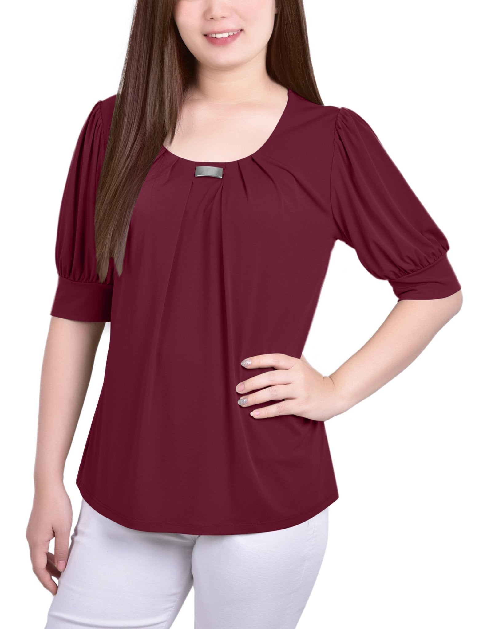 Rhododendron Short Sleeve Balloon Sleeve Top With Hardware - DressbarnBlouses
