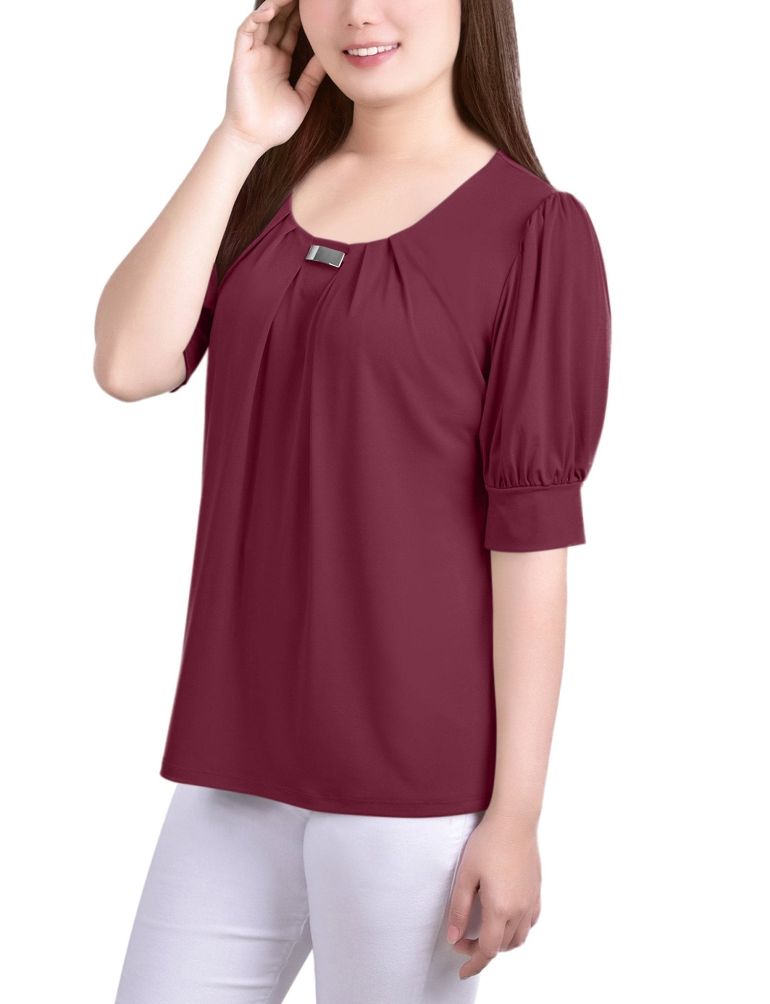 Rhododendron Short Sleeve Balloon Sleeve Top With Hardware - DressbarnBlouses