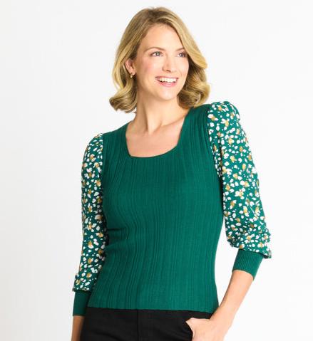 Rib Sweater with Printed Sleeve - DressbarnApparel