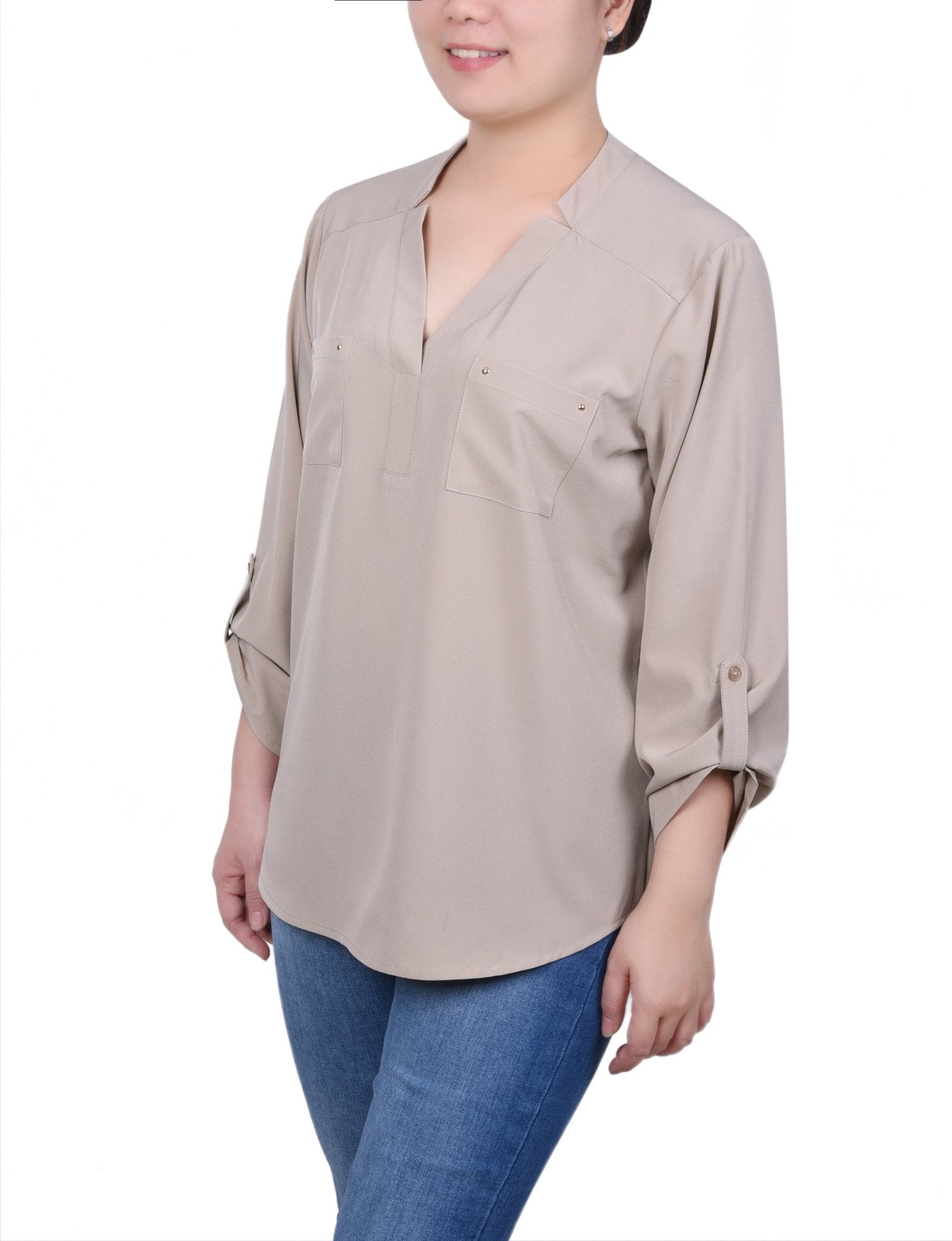 Roll Tab Sleeve Blouse with Pockets - Petite - DressbarnShirts & Blouses