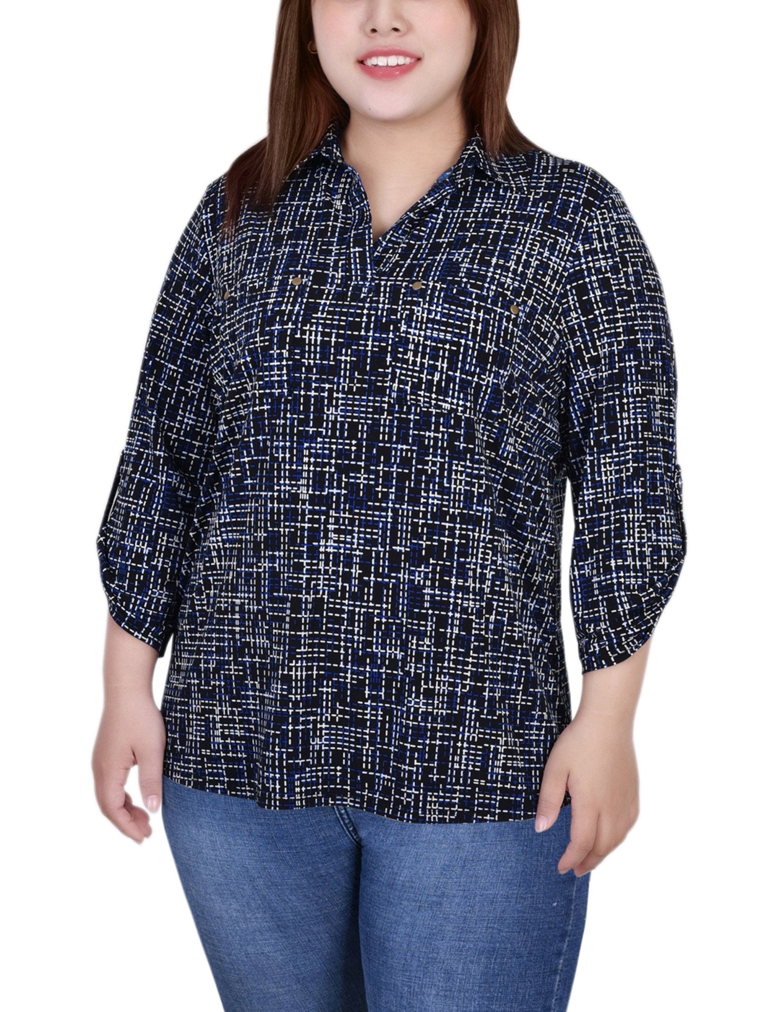 Royal Abstract 3/4 Roll Tab Sleeve Studded Y Neck Top - Plus - DressbarnBlouses
