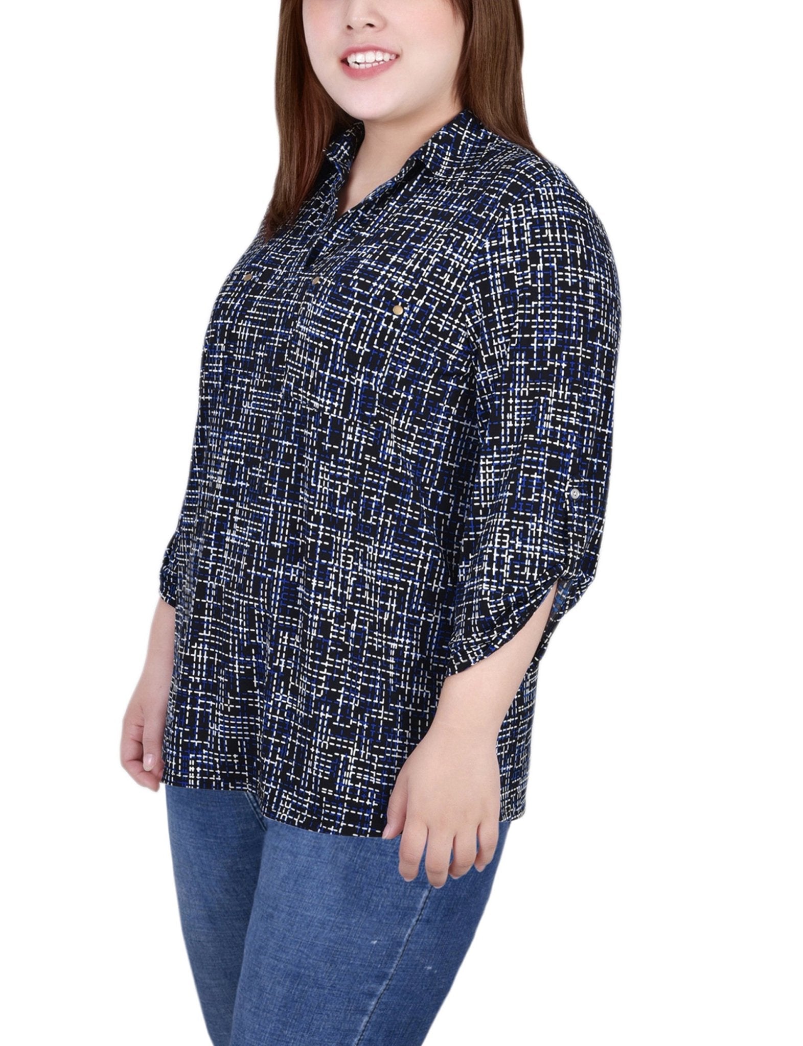 Royal Abstract 3/4 Roll Tab Sleeve Studded Y Neck Top - Plus - DressbarnBlouses