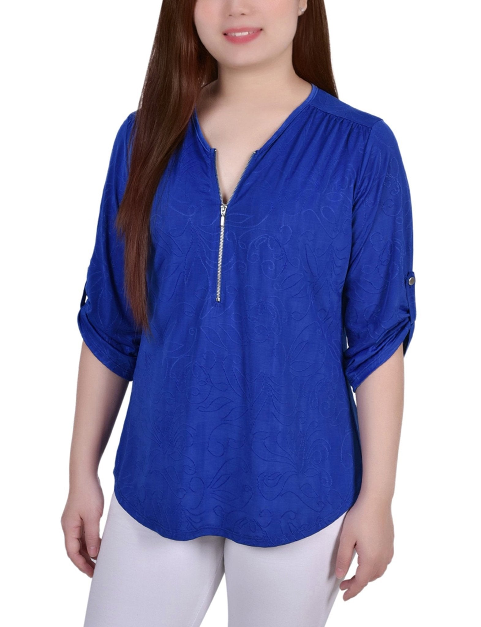 Royal Sakadotduo 3/4 Roll Tab Zip Front Jacquard Knit Top - Petite - DressbarnBlouses