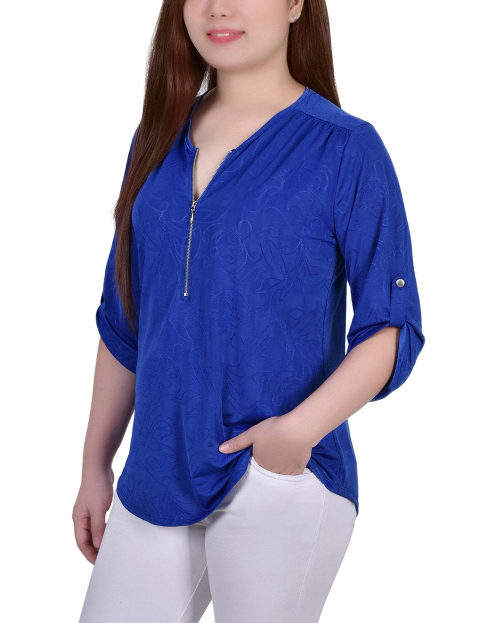 Royal Sakadotduo 3/4 Roll Tab Zip Front Jacquard Knit Top - Petite - DressbarnBlouses