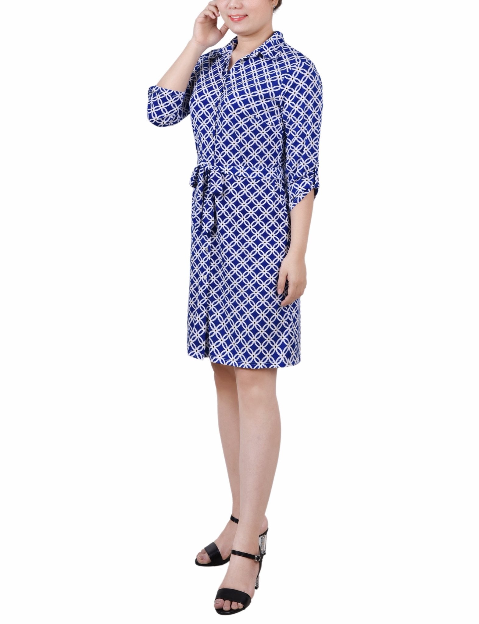 Royal White Black 3/4 Roll Tab Sleeve Collared Dress - Petite Royal White Black 3/4 Roll Tab Sleeve Collared Dress - Petite