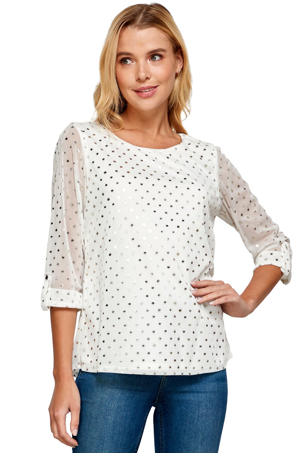 Roz & Ali 3 Quarter Button Tab Sleeve Lined Blouse - DressbarnShirts & Blouses