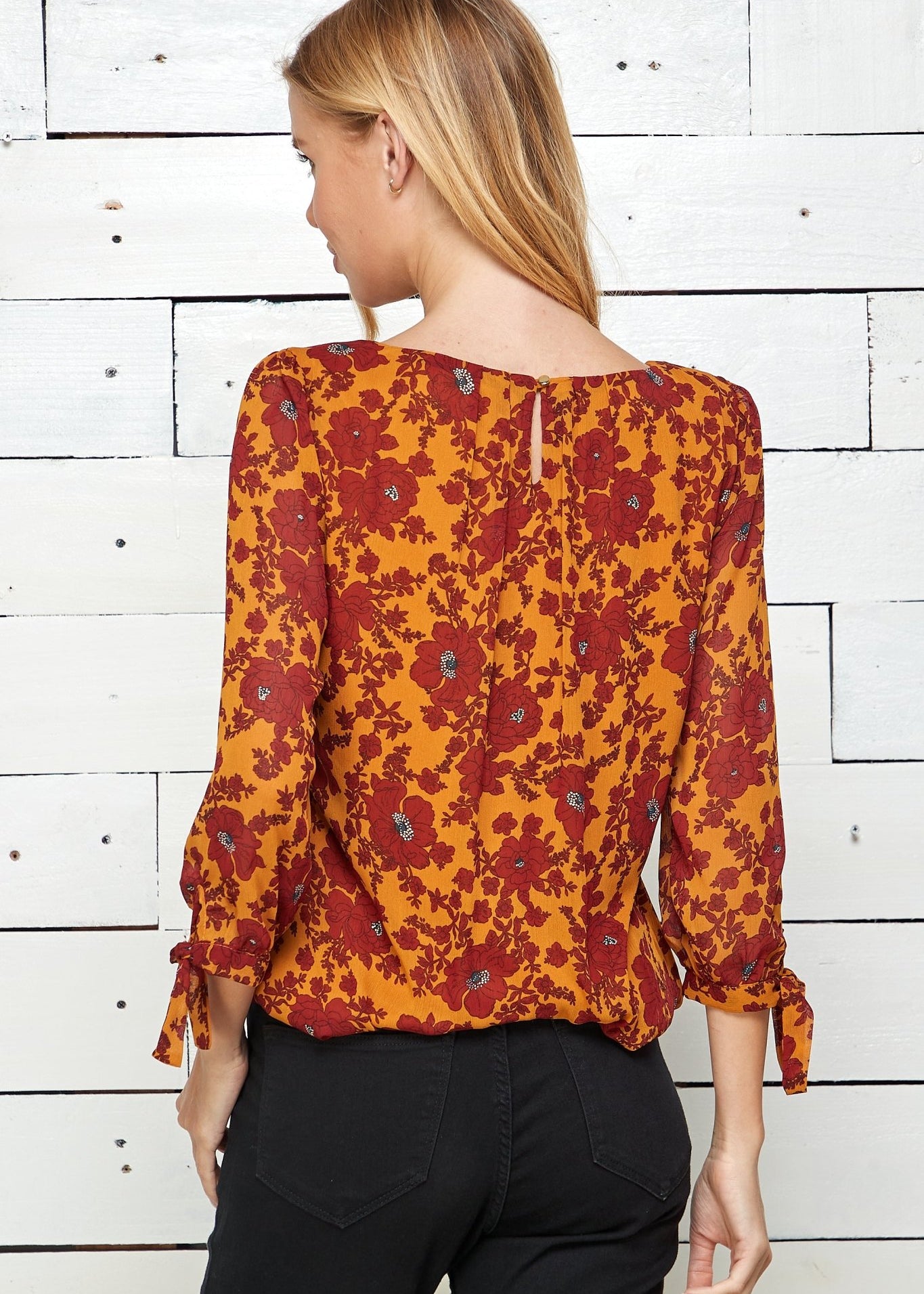 Roz & Ali 3/4 Tie Sleeve Floral Bubble Blouse - DressbarnShirts & Blouses