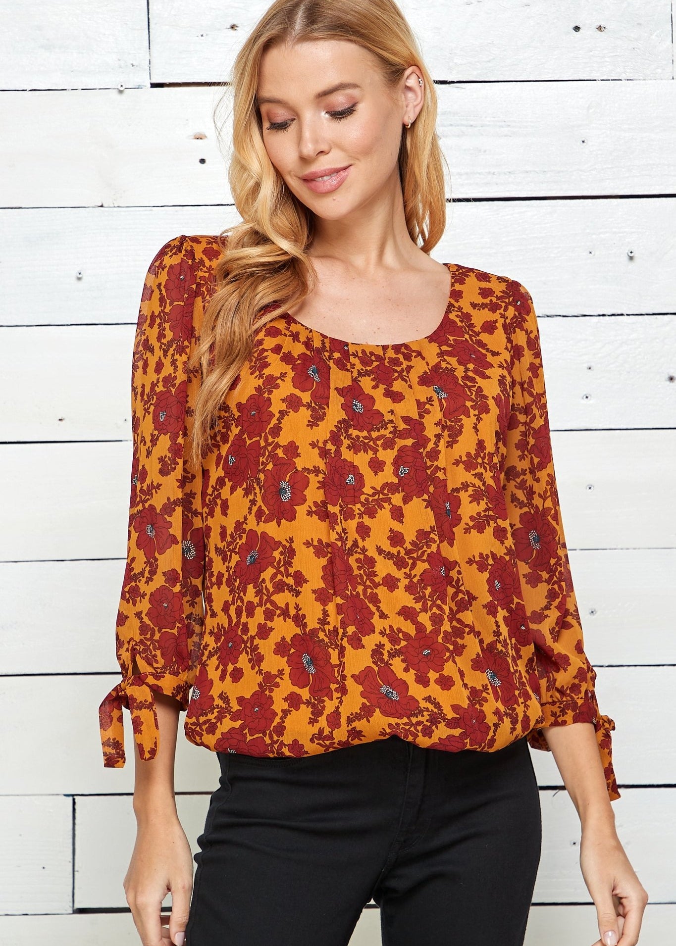 Roz & Ali 3/4 Tie Sleeve Floral Bubble Blouse - DressbarnShirts & Blouses