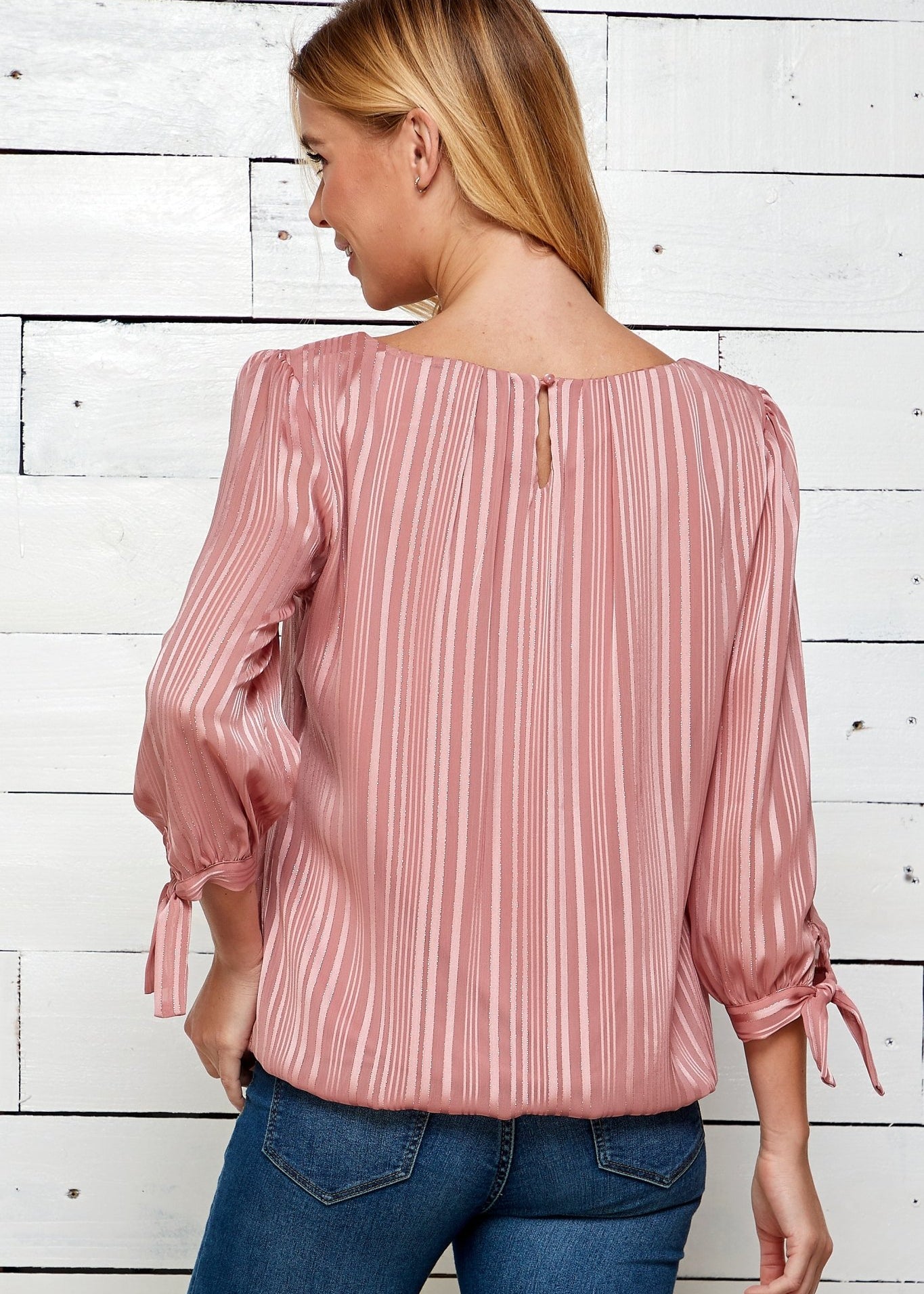 Roz & Ali 3/4 Tie Sleeve Pink Stripe Bubble Blouse - DressbarnShirts & Blouses