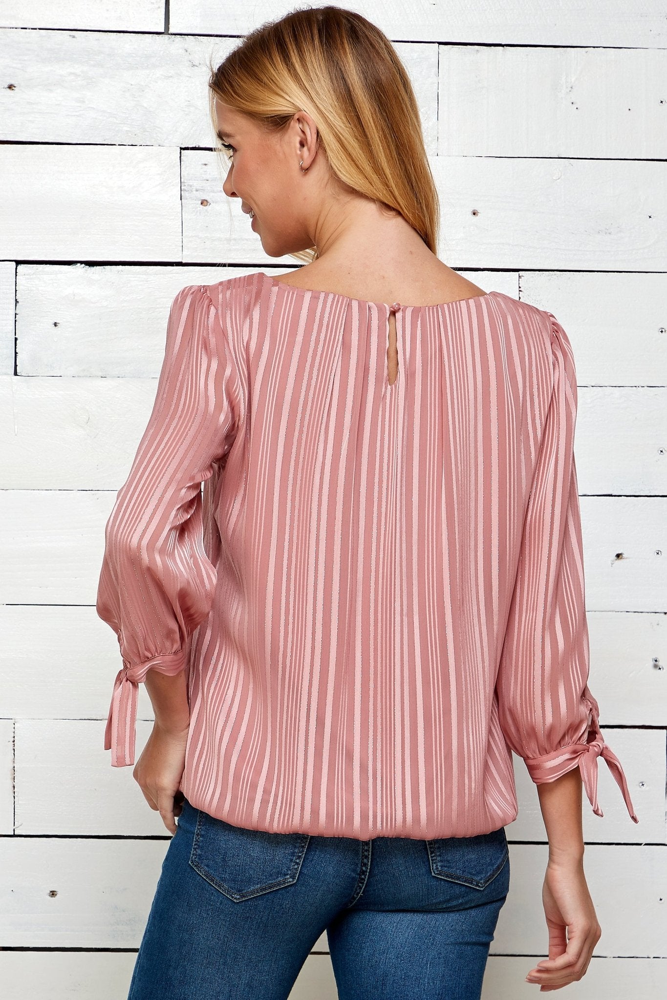 3/4 Tie Sleeve Pleat Neck Placement Print Bubble Blouse in Pink/Melon main image 0
