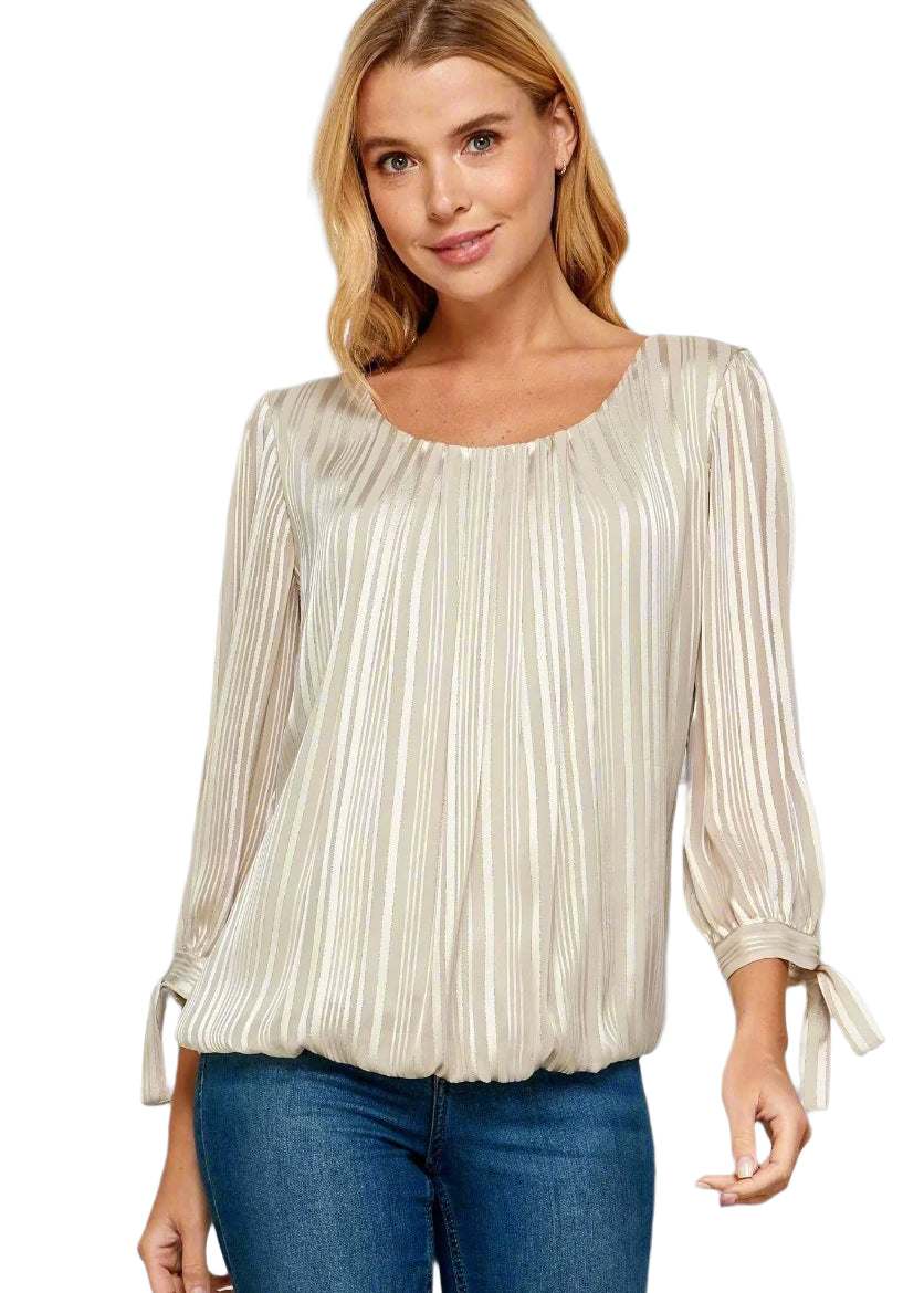 Roz Ali 3/4 Tie Sleeve Silver Stripe Bubble Blouse