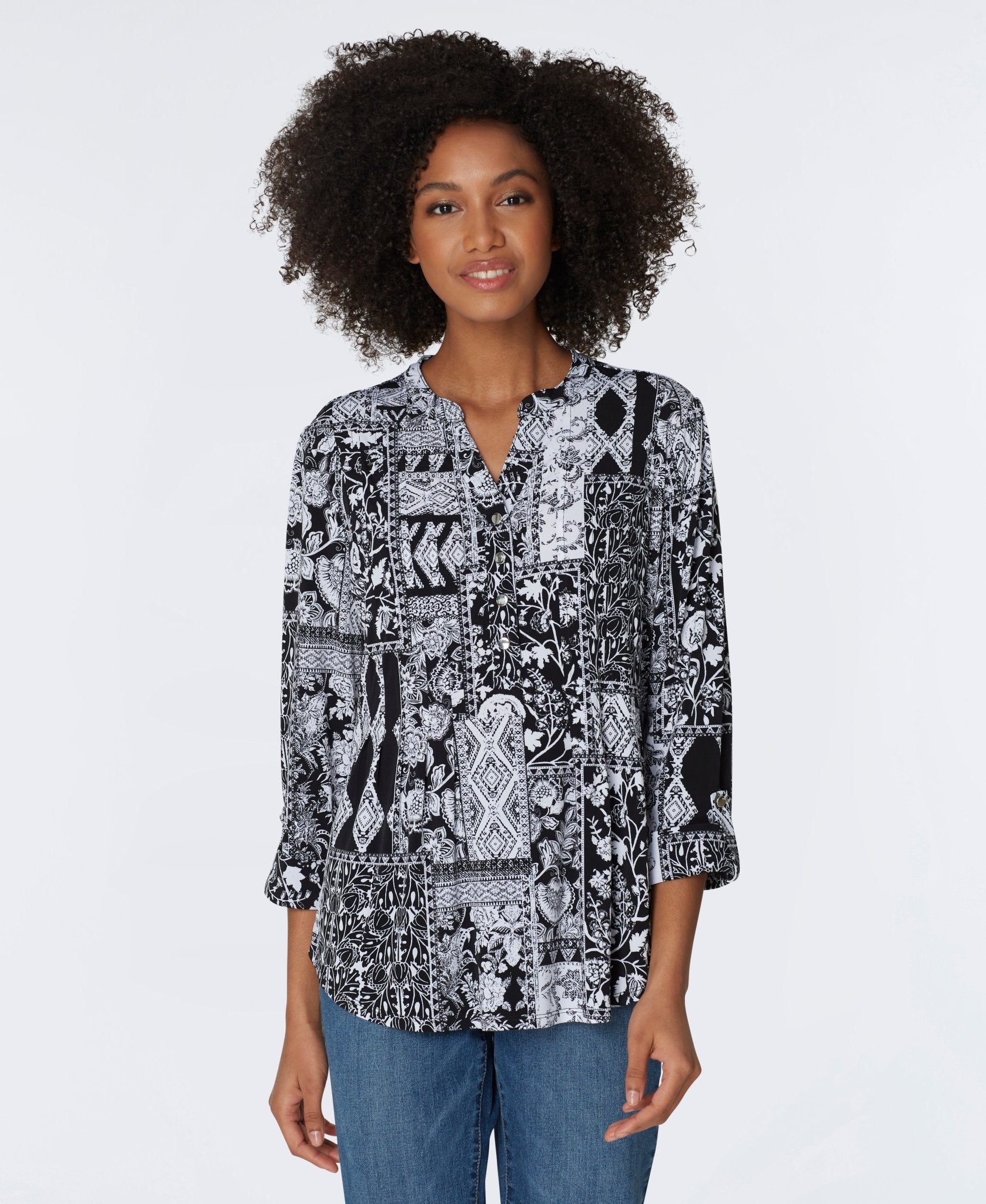 Roz & Ali Black & White Patchwork Popover - DressbarnShirts & Blouses