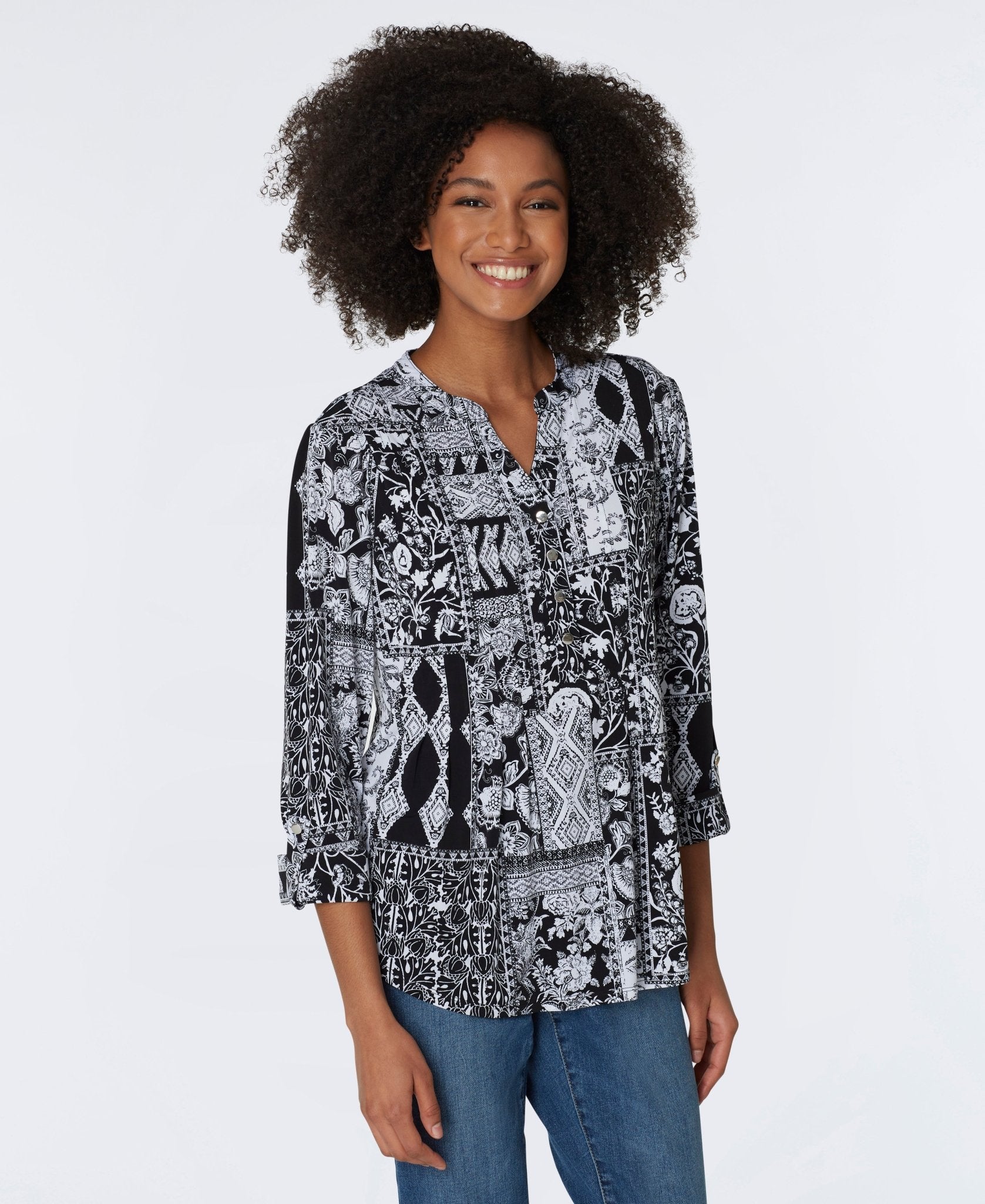 Roz & Ali Black & White Patchwork Popover - DressbarnShirts & Blouses