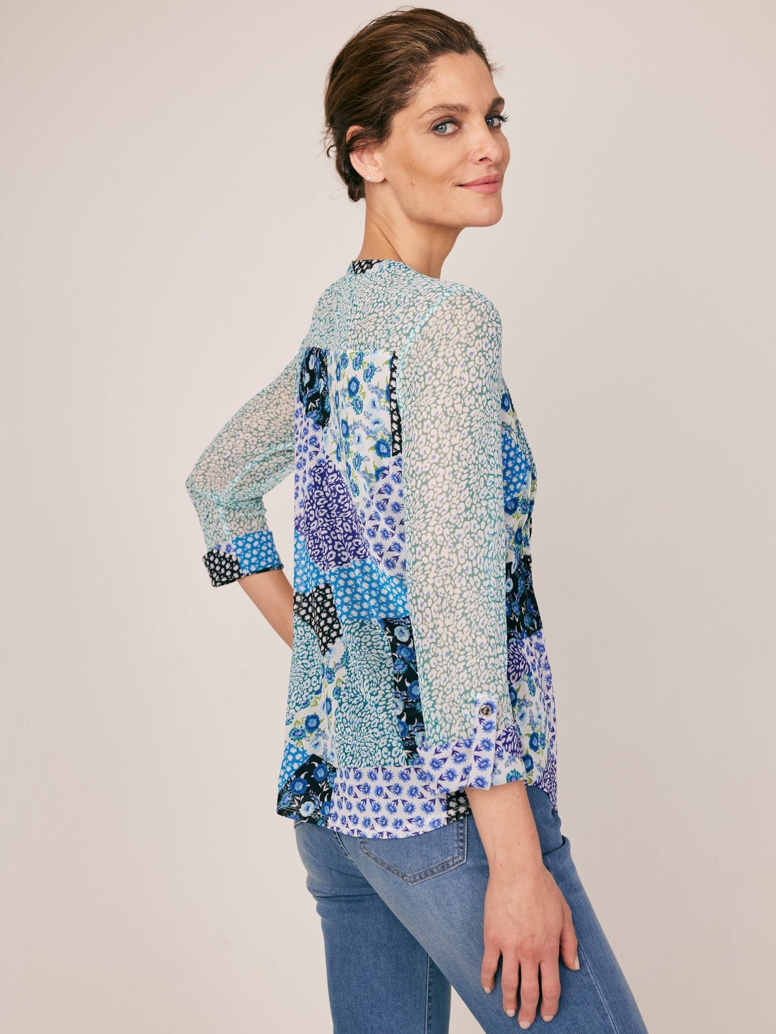 Roz & Ali Blue Mesh Patchwork Popover - DressbarnShirts & Blouses