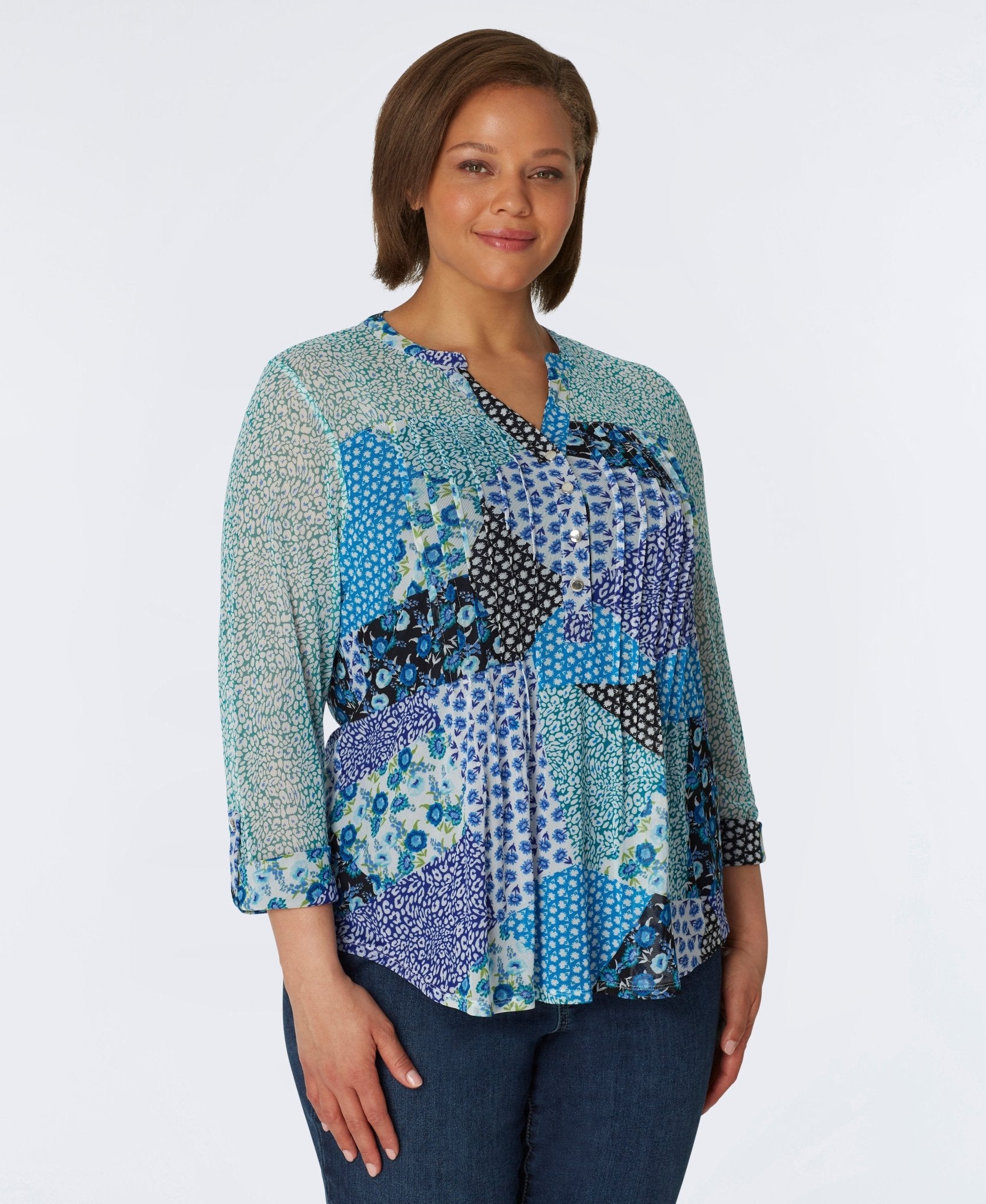 Roz & Ali Blue Mesh Patchwork Popover - Plus - DressbarnShirts & Blouses