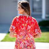 Roz & Ali Floral Border Cold Shoulder Bubble Hem Blouse - Misses - DressbarnShirts & Blouses