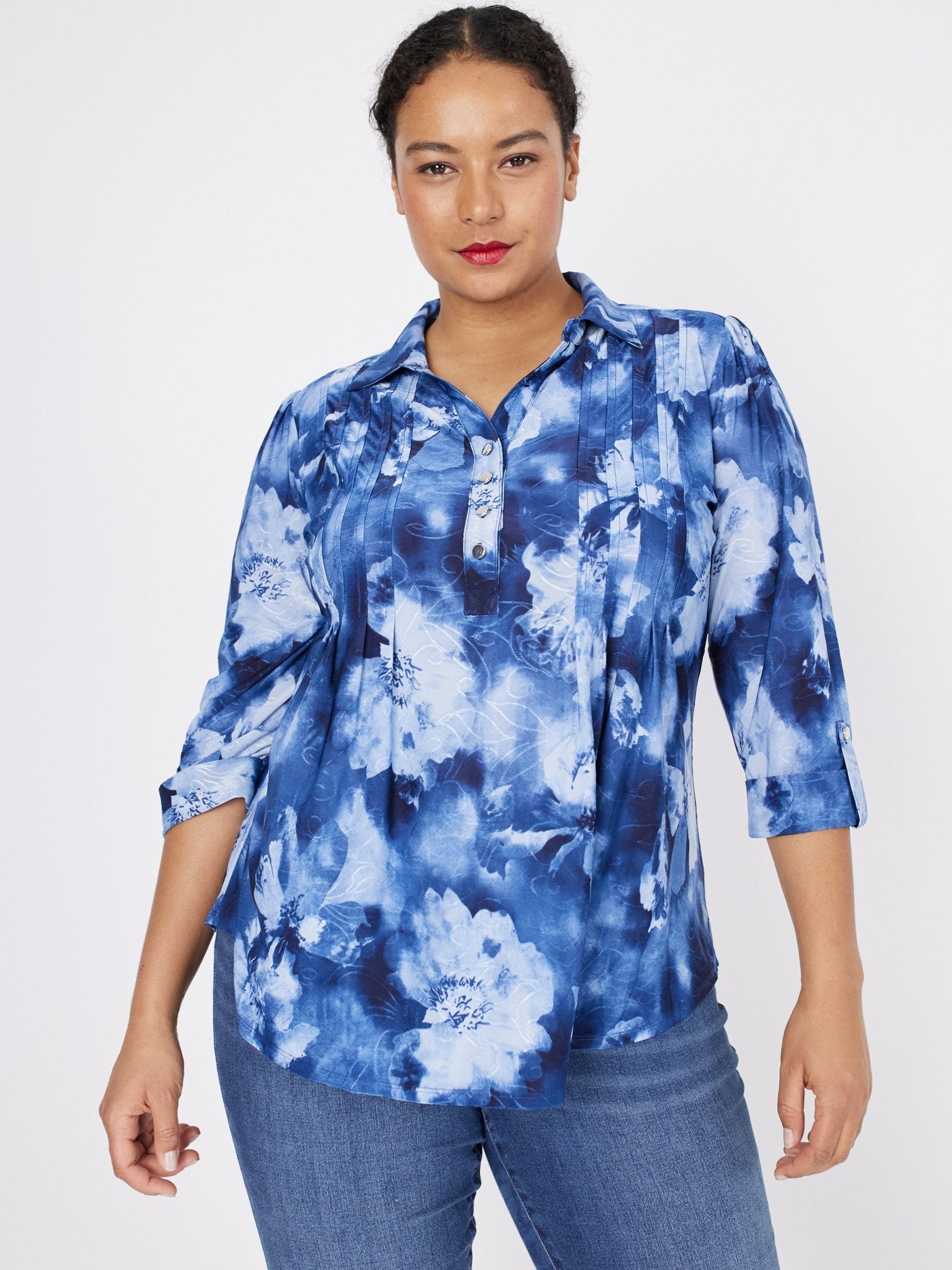 Roz & Ali Floral Tie Dye Jacquard Popover - Plus - DressbarnShirts & Blouses