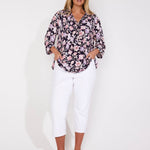 Roz & Ali Navy Ground Flower Popover - Plus - DressbarnShirts & Blouses