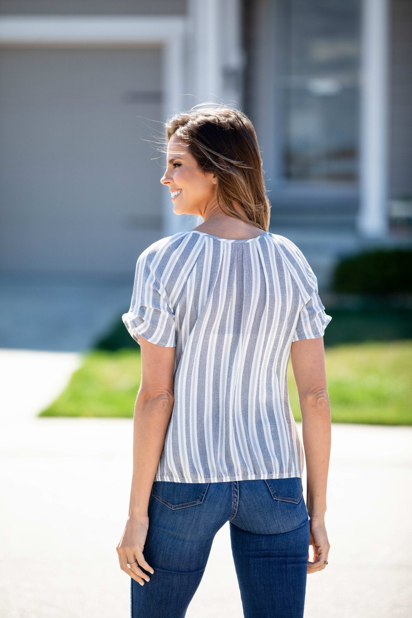 Roz & Ali Neutral Stripe Bubble Hem Blouse - DressbarnShirts & Blouses
