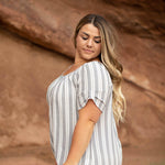 Roz & Ali Neutral Stripe Bubble Hem Blouse - Plus - DressbarnShirts & Blouses