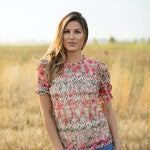 Roz & Ali Puff Sleeve Vertical Print Blouse - DressbarnShirts & Blouses