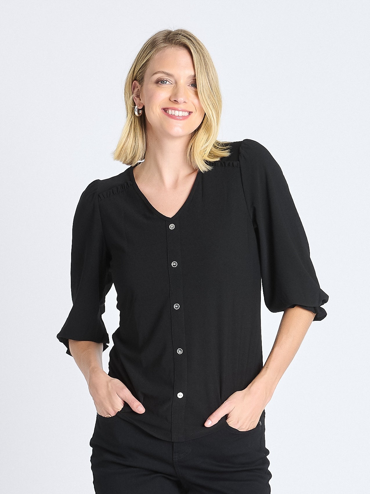 Ruffle 3/4 Sleeve Button - Front Top, Black - DressbarnButton Front Shirts